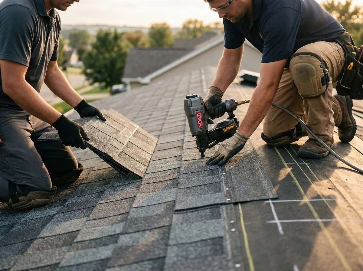Professional roofer working on a residential roof in San Bruno
